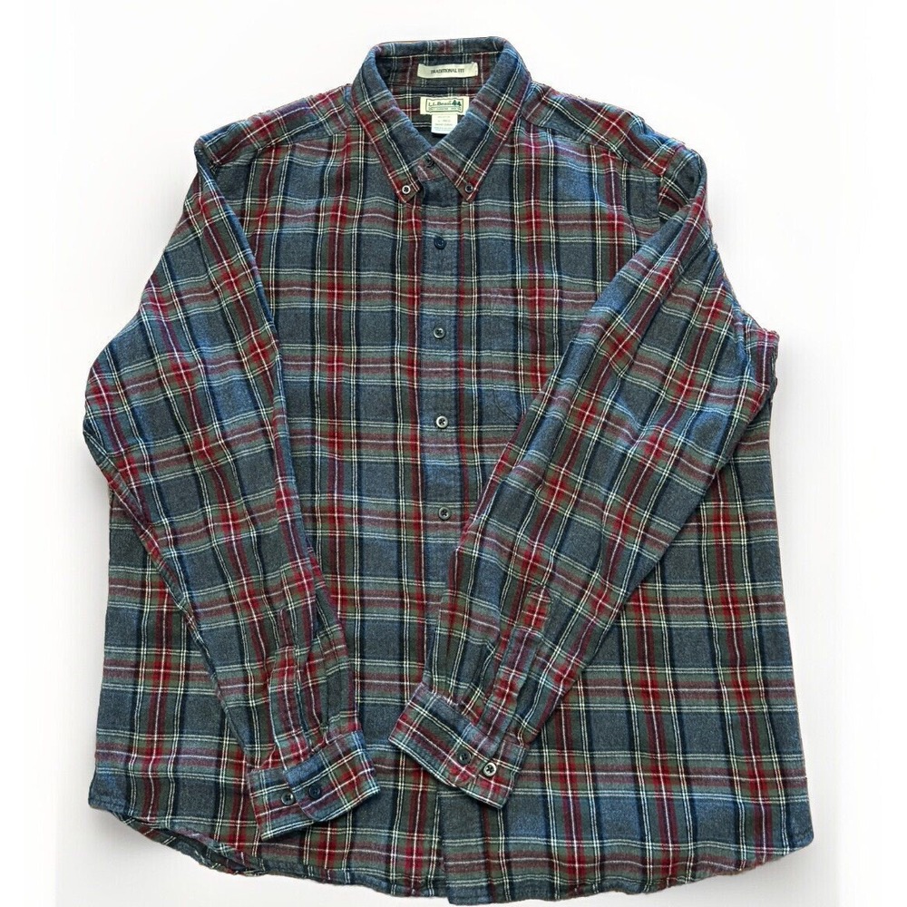 LL Bean Shirt Large‎ Red Grey Plaid Flannel Traditional Fit Classic Outdoor wear